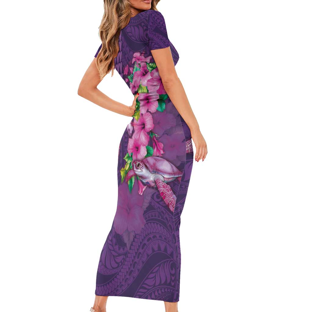 Hawaiian Turtle Love Couple Family Matching Short Sleeve Bodycon Dress and Hawaiian Shirt - Sweet Hibiscus and Kakau Pattern Deep Purple Color LT03 - Polynesian Pride