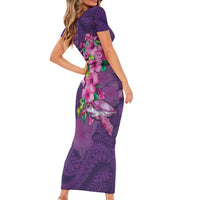Hawaiian Turtle Love Couple Family Matching Short Sleeve Bodycon Dress and Hawaiian Shirt - Sweet Hibiscus and Kakau Pattern Deep Purple Color LT03 - Polynesian Pride