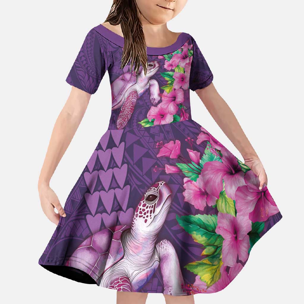Hawaiian Turtle Love Couple Family Matching Summer Maxi Dress and Hawaiian Shirt - Sweet Hibiscus and Kakau Pattern Deep Purple Color LT03 Daughter's Dress Purple - Polynesian Pride