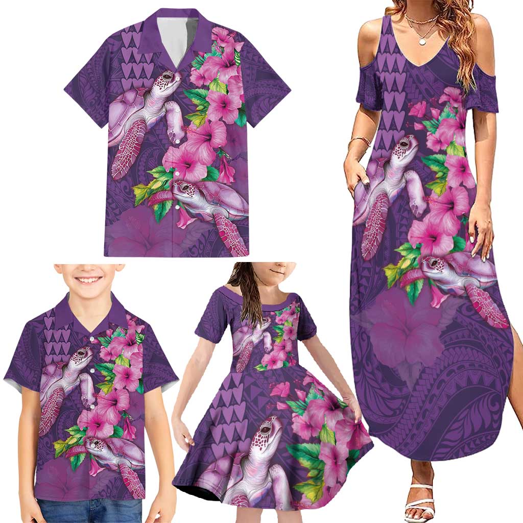 Hawaiian Turtle Love Couple Family Matching Summer Maxi Dress and Hawaiian Shirt - Sweet Hibiscus and Kakau Pattern Deep Purple Color LT03 - Polynesian Pride