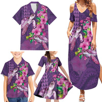 Hawaiian Turtle Love Couple Family Matching Summer Maxi Dress and Hawaiian Shirt - Sweet Hibiscus and Kakau Pattern Deep Purple Color LT03 - Polynesian Pride