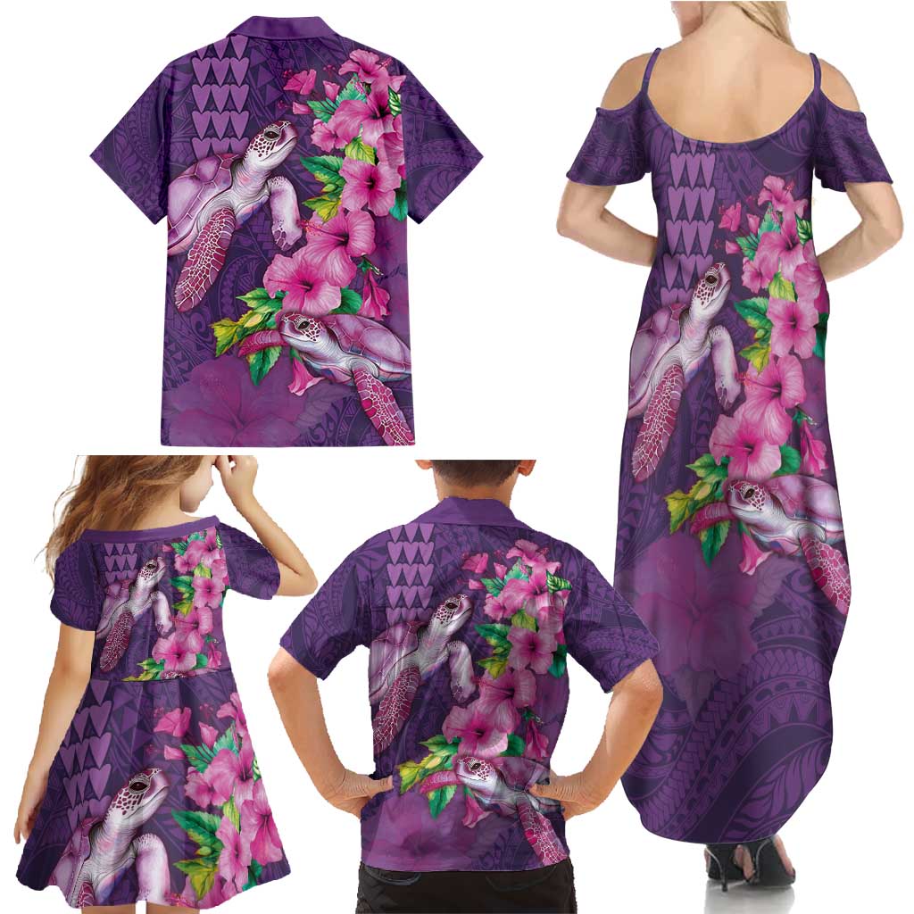 Hawaiian Turtle Love Couple Family Matching Summer Maxi Dress and Hawaiian Shirt - Sweet Hibiscus and Kakau Pattern Deep Purple Color LT03 - Polynesian Pride