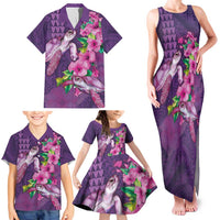 Hawaiian Turtle Love Couple Family Matching Tank Maxi Dress and Hawaiian Shirt - Sweet Hibiscus and Kakau Pattern Deep Purple Color LT03 - Polynesian Pride