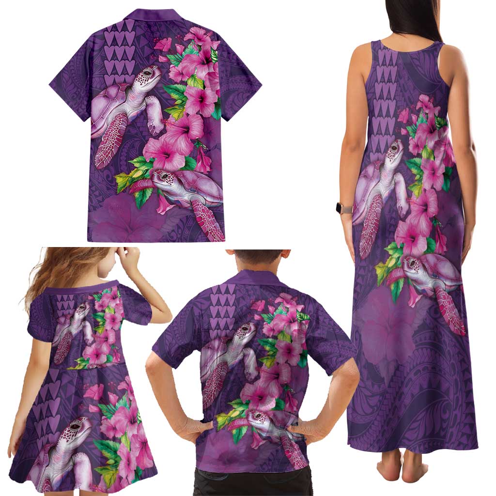 Hawaiian Turtle Love Couple Family Matching Tank Maxi Dress and Hawaiian Shirt - Sweet Hibiscus and Kakau Pattern Deep Purple Color LT03 - Polynesian Pride