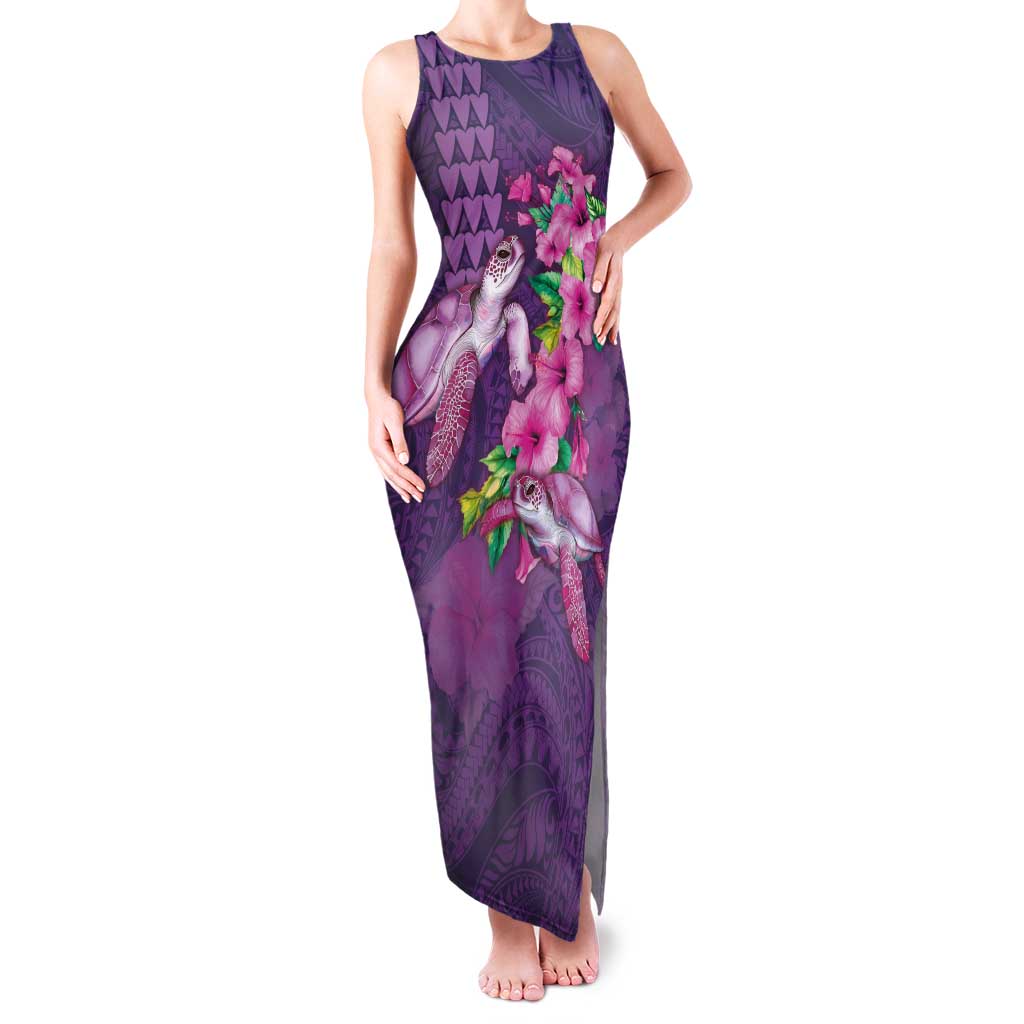 Hawaiian Turtle Love Couple Family Matching Tank Maxi Dress and Hawaiian Shirt - Sweet Hibiscus and Kakau Pattern Deep Purple Color LT03 Mom's Dress Purple - Polynesian Pride
