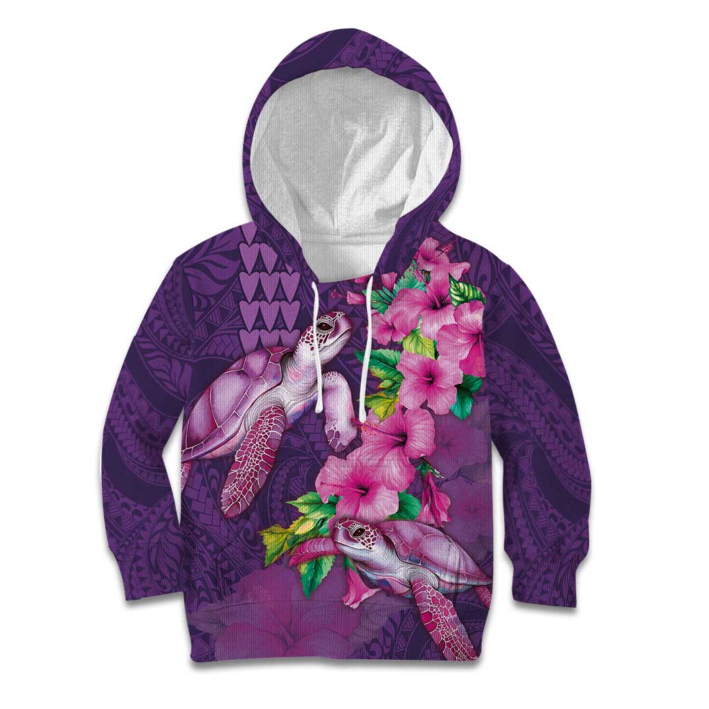 Hawaiian Turtle Love Couple Kid Hoodie - Sweet Hibiscus and Kakau Pattern Deep Purple Color LT03 Hoodie Purple - Polynesian Pride
