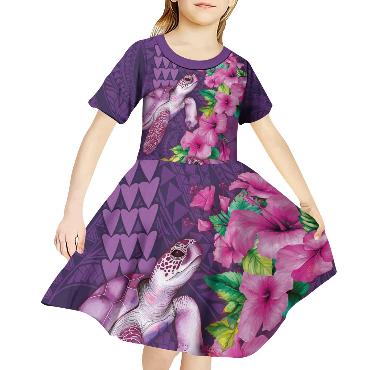 Hawaiian Turtle Love Couple Kid Short Sleeve Dress - Sweet Hibiscus and Kakau Pattern Deep Purple Color