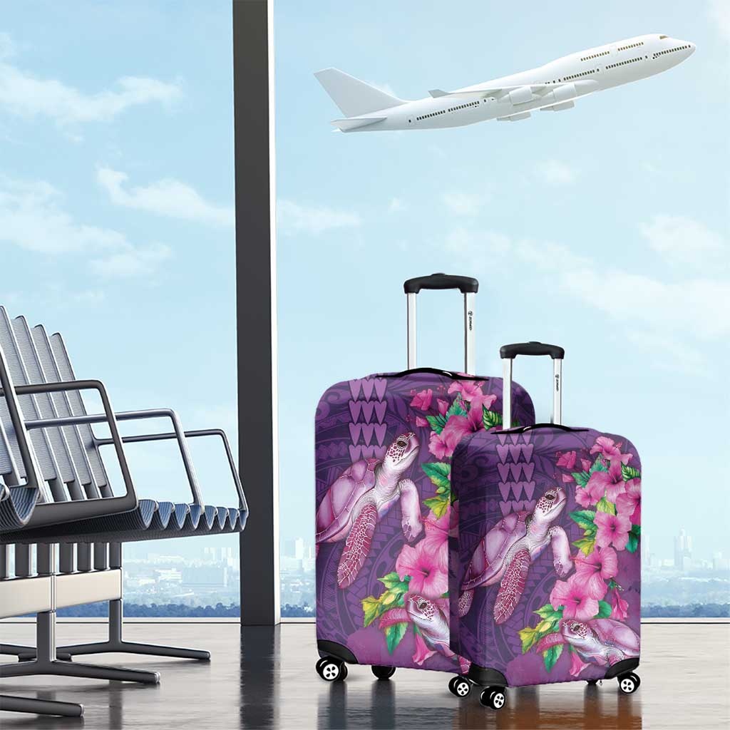 Hawaiian Turtle Love Couple Luggage Cover - Sweet Hibiscus and Kakau Pattern Deep Purple Color