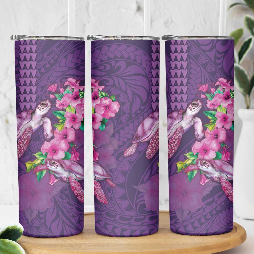 Hawaiian Turtle Love Couple Skinny Tumbler Sweet Hibiscus and Kakau Pattern Deep Purple Color LT03 - Polynesian Pride