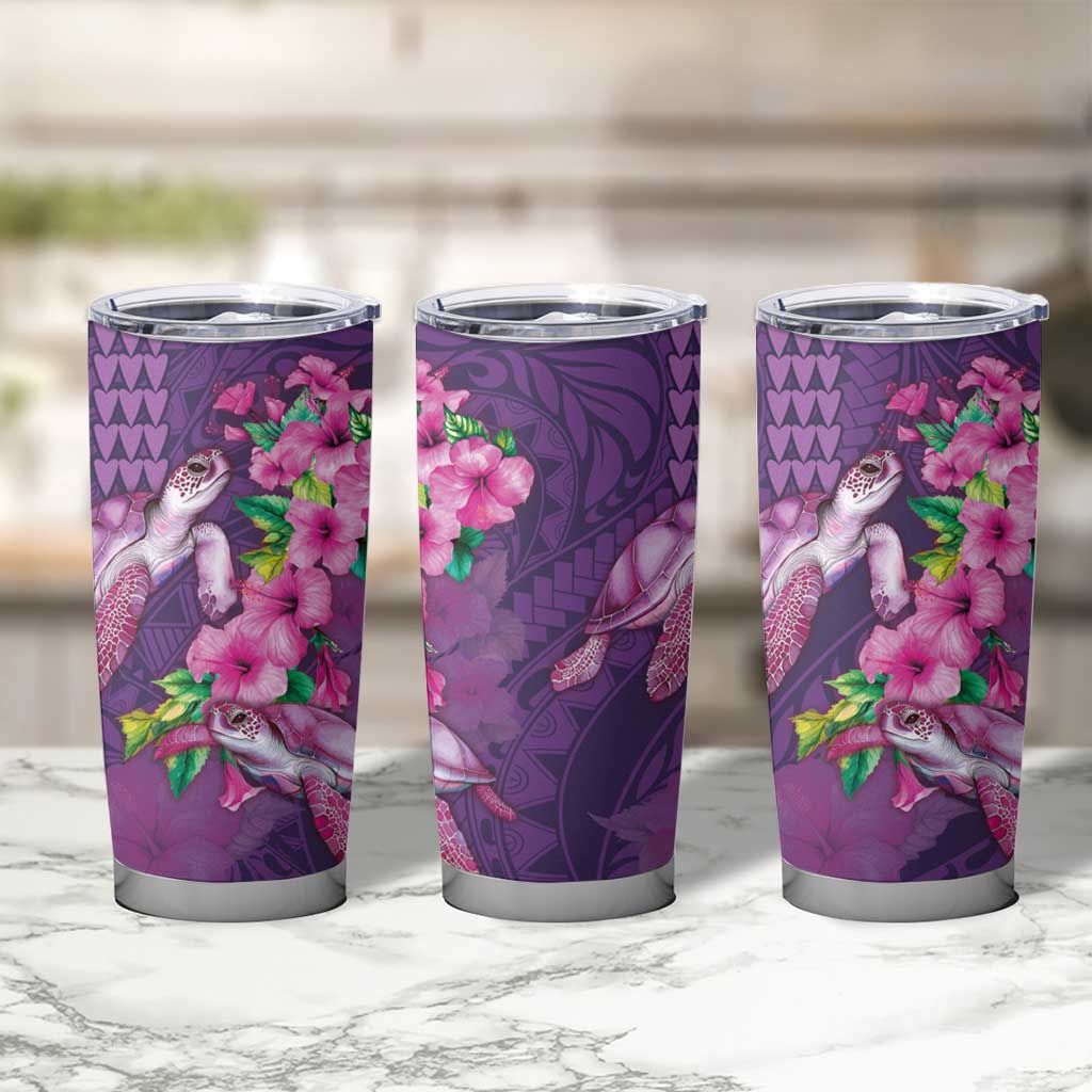 Hawaiian Turtle Love Couple Tumbler Cup Sweet Hibiscus and Kakau Pattern Deep Purple Color