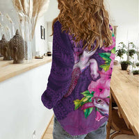 Hawaiian Turtle Love Couple Women Casual Shirt - Sweet Hibiscus and Kakau Pattern Deep Purple Color LT03 - Polynesian Pride