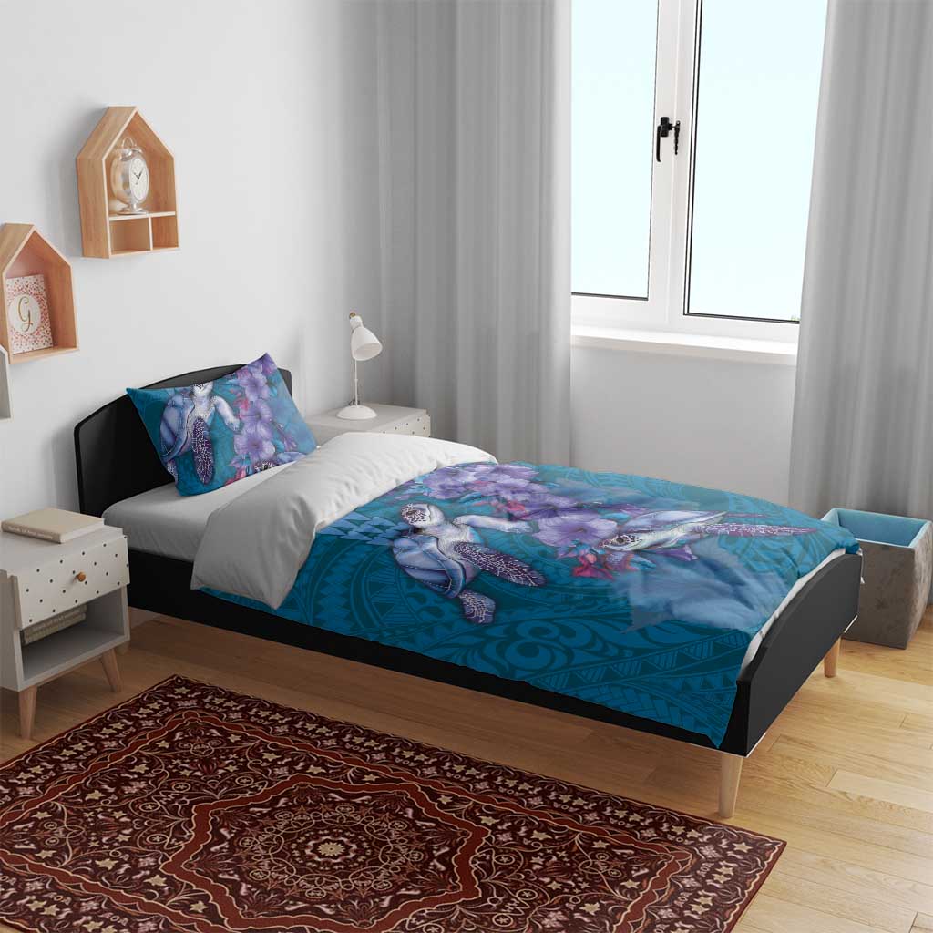 Hawaiian Turtle Love Couple Bedding Set - Sweet Hibiscus and Kakau Pattern Sapphire Color