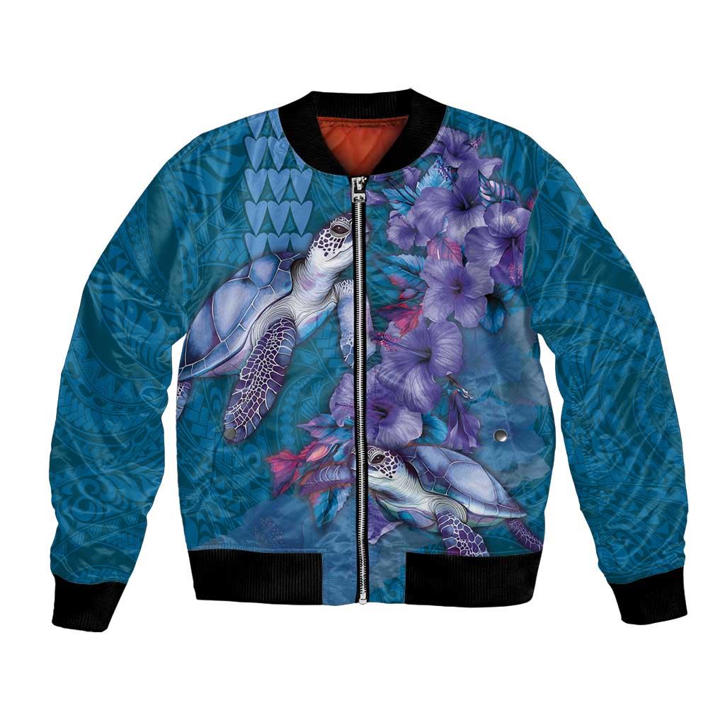 Hawaiian Turtle Love Couple Bomber Jacket - Sweet Hibiscus and Kakau Pattern Sapphire Color
