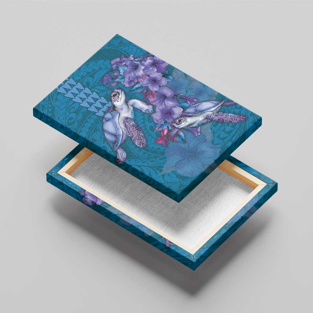 Hawaiian Turtle Love Couple Canvas Wall Art - Sweet Hibiscus and Kakau Pattern Sapphire Color
