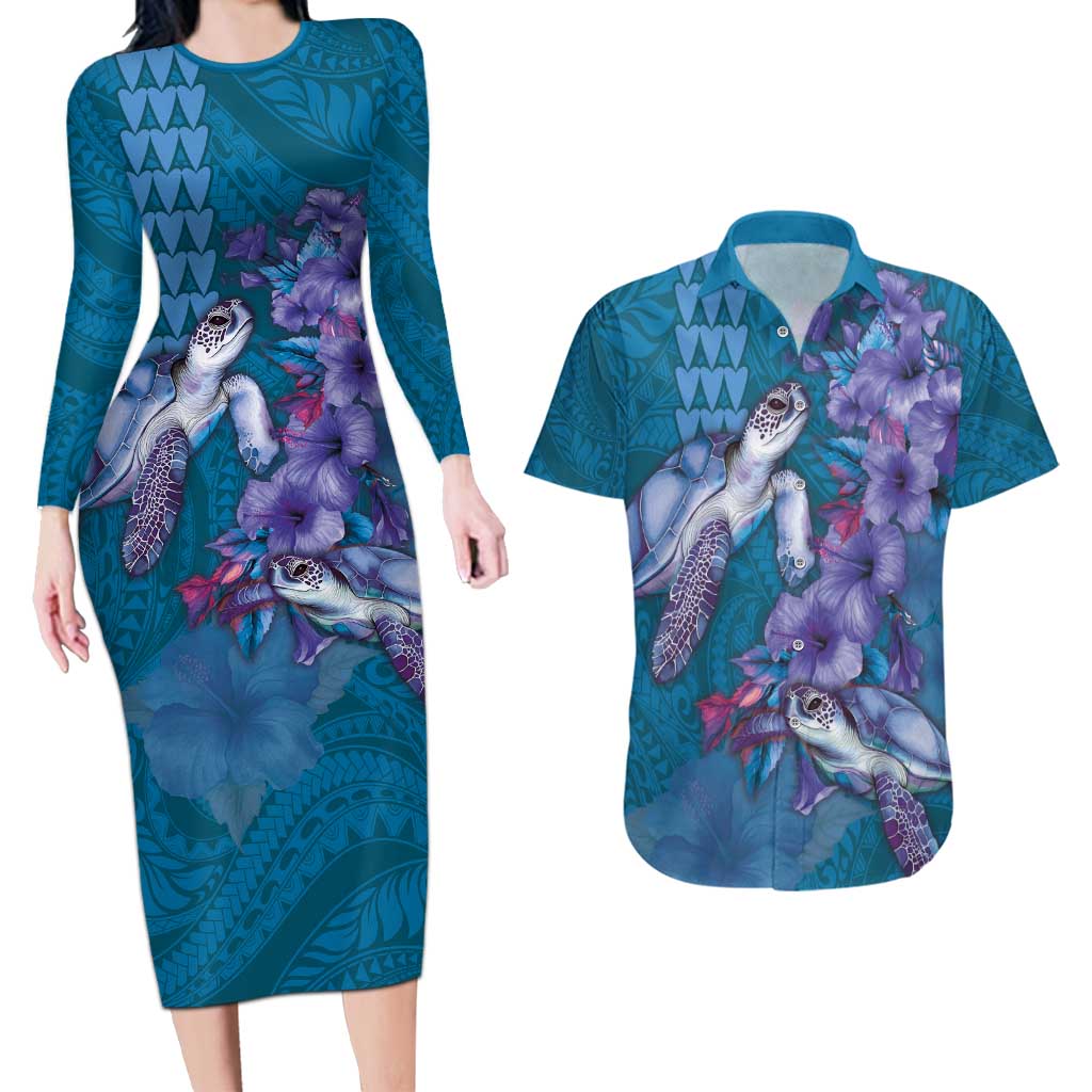 Hawaiian Turtle Love Couple Couples Matching Long Sleeve Bodycon Dress and Hawaiian Shirt - Sweet Hibiscus and Kakau Pattern Sapphire Color LT03 Blue - Polynesian Pride
