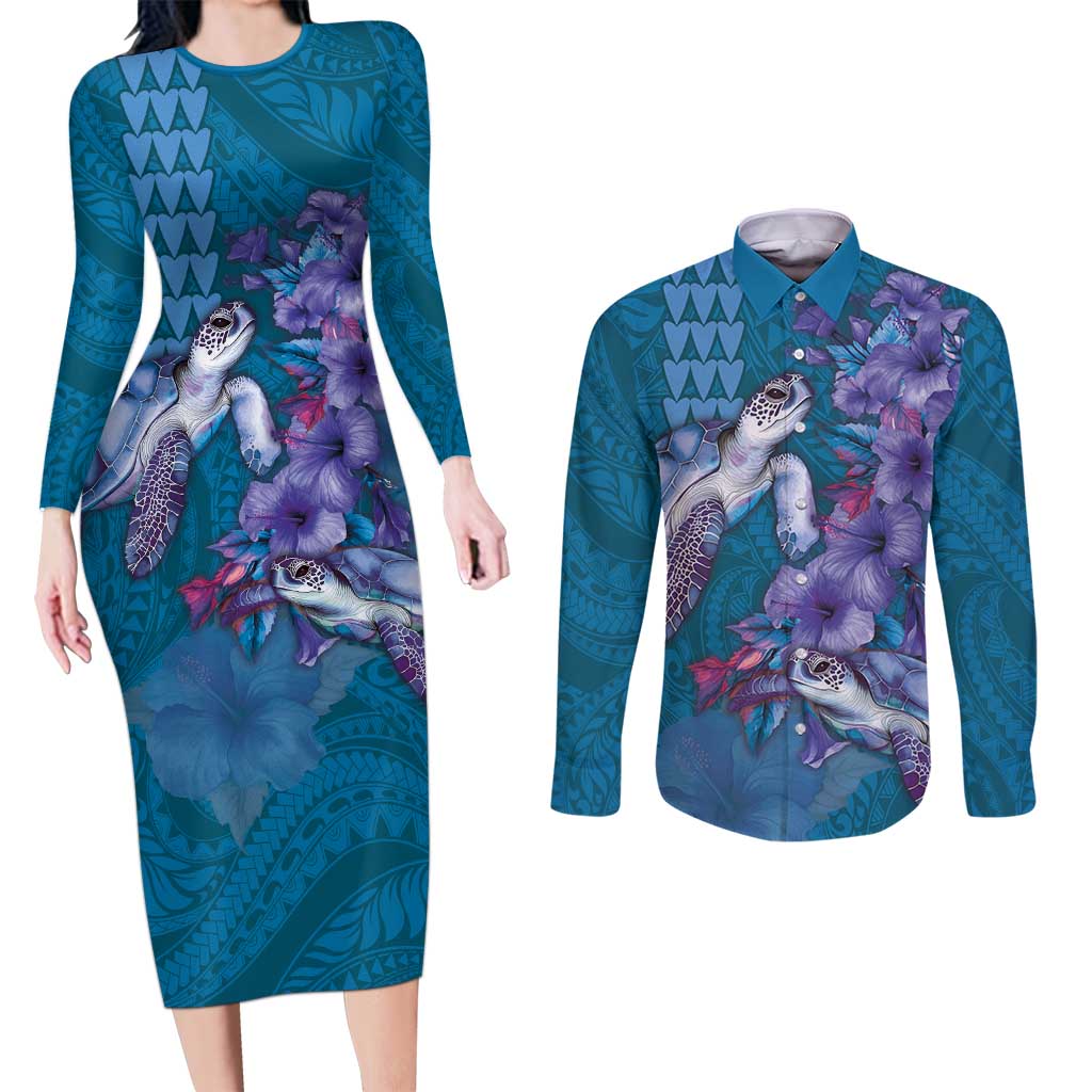 Hawaiian Turtle Love Couple Couples Matching Long Sleeve Bodycon Dress and Long Sleeve Button Shirt - Sweet Hibiscus and Kakau Pattern Sapphire Color LT03 Blue - Polynesian Pride