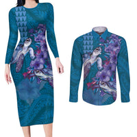 Hawaiian Turtle Love Couple Couples Matching Long Sleeve Bodycon Dress and Long Sleeve Button Shirt - Sweet Hibiscus and Kakau Pattern Sapphire Color LT03 Blue - Polynesian Pride