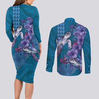 Hawaiian Turtle Love Couple Couples Matching Long Sleeve Bodycon Dress and Long Sleeve Button Shirt - Sweet Hibiscus and Kakau Pattern Sapphire Color LT03 - Polynesian Pride
