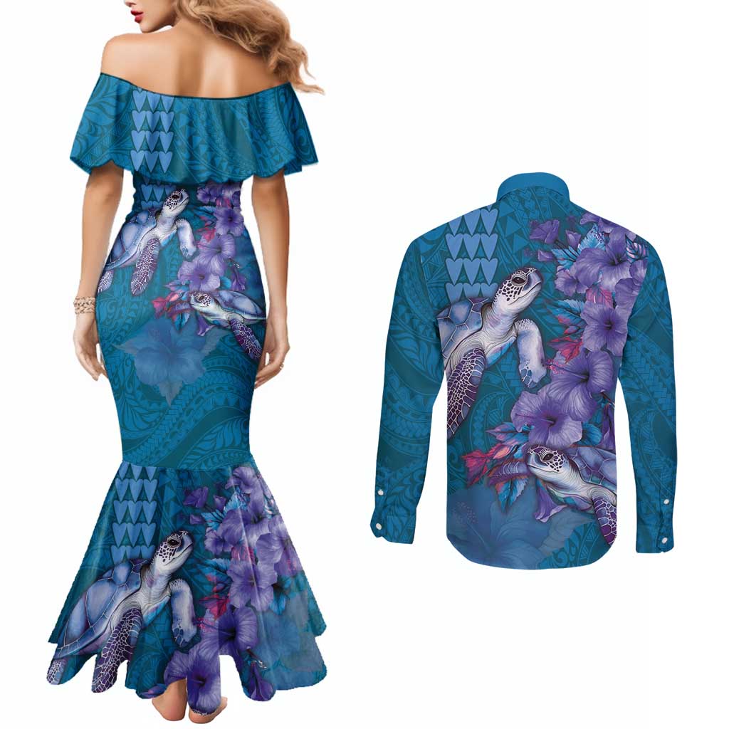 Hawaiian Turtle Love Couple Couples Matching Mermaid Dress and Long Sleeve Button Shirt - Sweet Hibiscus and Kakau Pattern Sapphire Color LT03 - Polynesian Pride