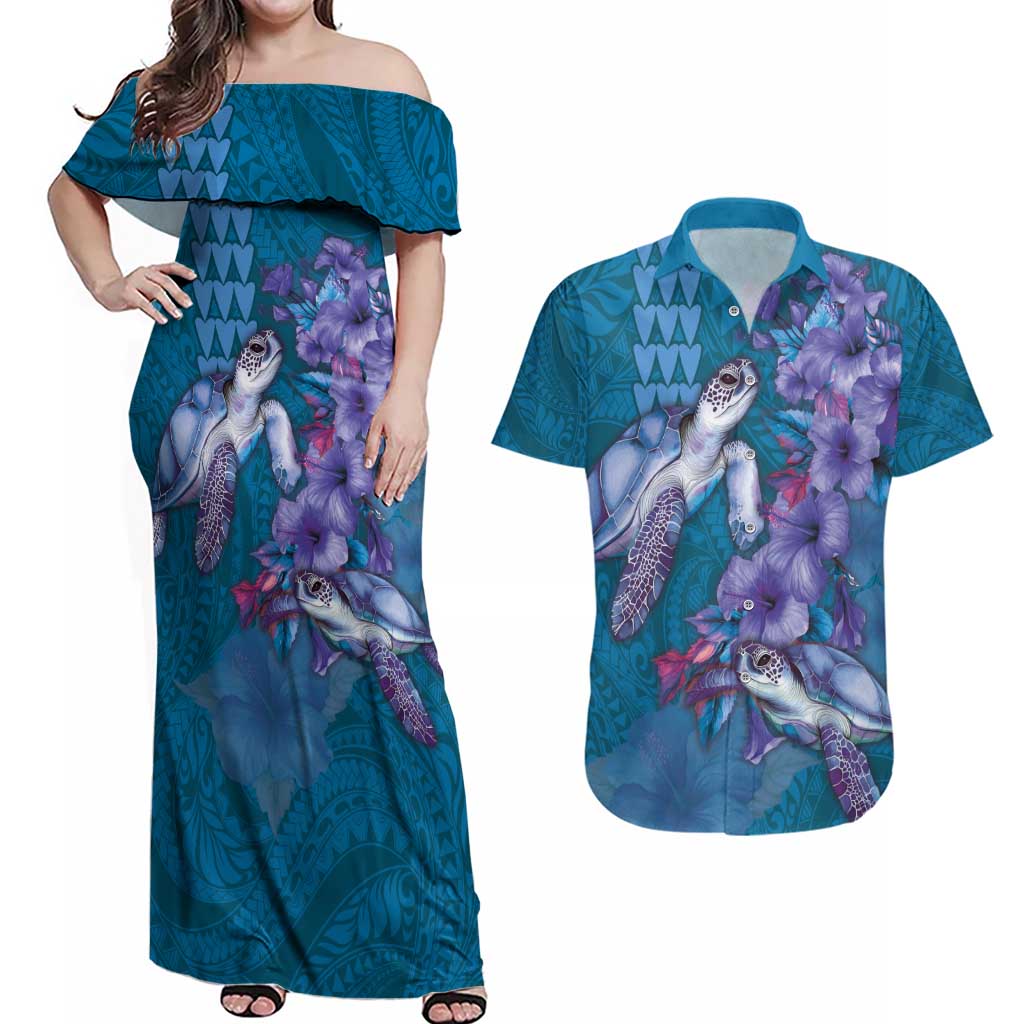 Hawaiian Turtle Love Couple Couples Matching Off Shoulder Maxi Dress and Hawaiian Shirt - Sweet Hibiscus and Kakau Pattern Sapphire Color LT03 Blue - Polynesian Pride