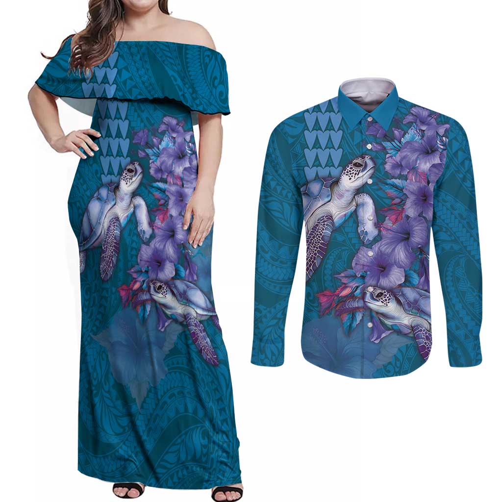 Hawaiian Turtle Love Couple Couples Matching Off Shoulder Maxi Dress and Long Sleeve Button Shirt - Sweet Hibiscus and Kakau Pattern Sapphire Color LT03 Blue - Polynesian Pride
