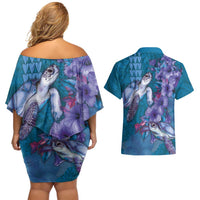 Hawaiian Turtle Love Couple Couples Matching Off Shoulder Short Dress and Hawaiian Shirt - Sweet Hibiscus and Kakau Pattern Sapphire Color LT03 - Polynesian Pride