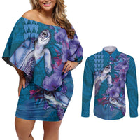 Hawaiian Turtle Love Couple Couples Matching Off Shoulder Short Dress and Long Sleeve Button Shirt - Sweet Hibiscus and Kakau Pattern Sapphire Color LT03 Blue - Polynesian Pride