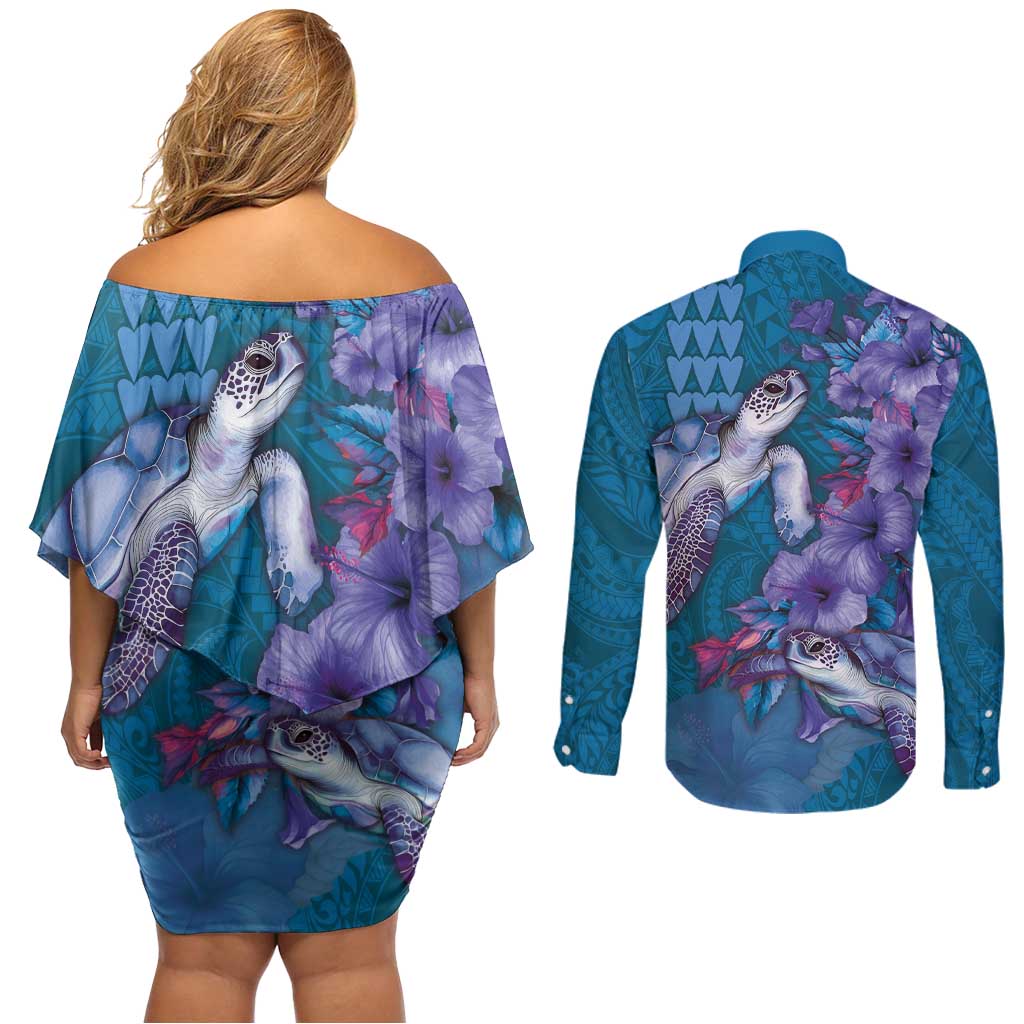 Hawaiian Turtle Love Couple Couples Matching Off Shoulder Short Dress and Long Sleeve Button Shirt - Sweet Hibiscus and Kakau Pattern Sapphire Color LT03 - Polynesian Pride