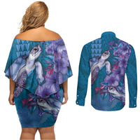 Hawaiian Turtle Love Couple Couples Matching Off Shoulder Short Dress and Long Sleeve Button Shirt - Sweet Hibiscus and Kakau Pattern Sapphire Color LT03 - Polynesian Pride