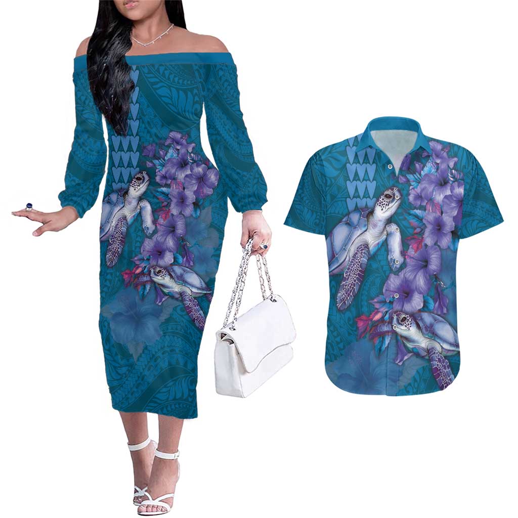 Hawaiian Turtle Love Couple Couples Matching Off The Shoulder Long Sleeve Dress and Hawaiian Shirt - Sweet Hibiscus and Kakau Pattern Sapphire Color LT03 Blue - Polynesian Pride