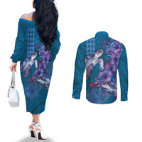Hawaiian Turtle Love Couple Couples Matching Off The Shoulder Long Sleeve Dress and Long Sleeve Button Shirt - Sweet Hibiscus and Kakau Pattern Sapphire Color LT03 - Polynesian Pride