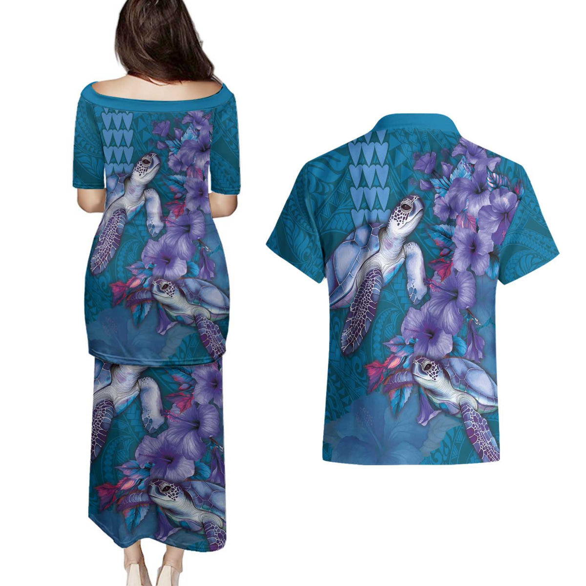 Hawaiian Turtle Love Couple Couples Matching Puletasi and Hawaiian Shirt - Sweet Hibiscus and Kakau Pattern Sapphire Color LT03 - Polynesian Pride