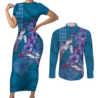 Hawaiian Turtle Love Couple Couples Matching Short Sleeve Bodycon Dress and Long Sleeve Button Shirt - Sweet Hibiscus and Kakau Pattern Sapphire Color LT03 Blue - Polynesian Pride
