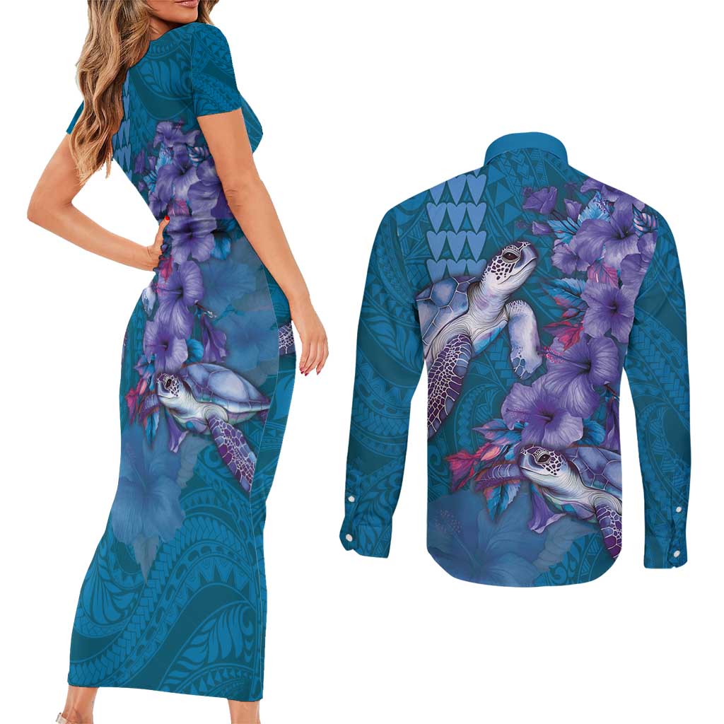 Hawaiian Turtle Love Couple Couples Matching Short Sleeve Bodycon Dress and Long Sleeve Button Shirt - Sweet Hibiscus and Kakau Pattern Sapphire Color LT03 - Polynesian Pride