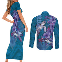 Hawaiian Turtle Love Couple Couples Matching Short Sleeve Bodycon Dress and Long Sleeve Button Shirt - Sweet Hibiscus and Kakau Pattern Sapphire Color LT03 - Polynesian Pride
