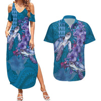 Hawaiian Turtle Love Couple Couples Matching Summer Maxi Dress and Hawaiian Shirt - Sweet Hibiscus and Kakau Pattern Sapphire Color LT03 Blue - Polynesian Pride