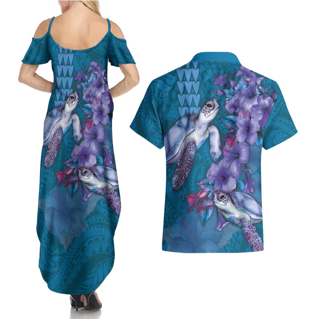 Hawaiian Turtle Love Couple Couples Matching Summer Maxi Dress and Hawaiian Shirt - Sweet Hibiscus and Kakau Pattern Sapphire Color LT03 - Polynesian Pride