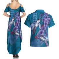 Hawaiian Turtle Love Couple Couples Matching Summer Maxi Dress and Hawaiian Shirt - Sweet Hibiscus and Kakau Pattern Sapphire Color LT03 - Polynesian Pride