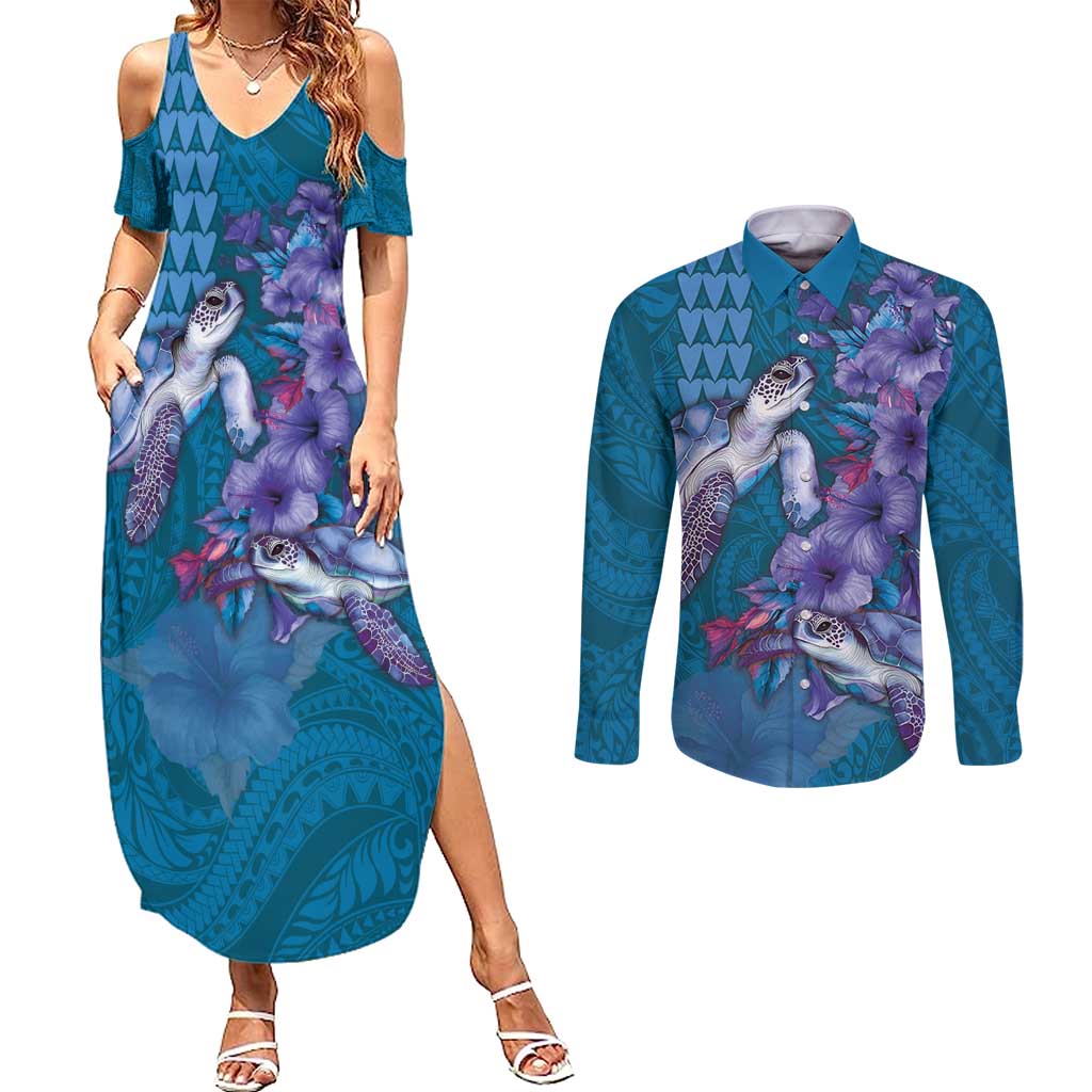 Hawaiian Turtle Love Couple Couples Matching Summer Maxi Dress and Long Sleeve Button Shirt - Sweet Hibiscus and Kakau Pattern Sapphire Color LT03 Blue - Polynesian Pride