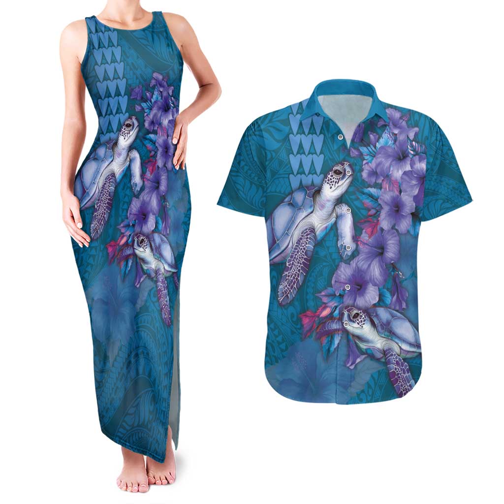 Hawaiian Turtle Love Couple Couples Matching Tank Maxi Dress and Hawaiian Shirt - Sweet Hibiscus and Kakau Pattern Sapphire Color LT03 Blue - Polynesian Pride