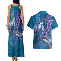 Hawaiian Turtle Love Couple Couples Matching Tank Maxi Dress and Hawaiian Shirt - Sweet Hibiscus and Kakau Pattern Sapphire Color LT03 - Polynesian Pride