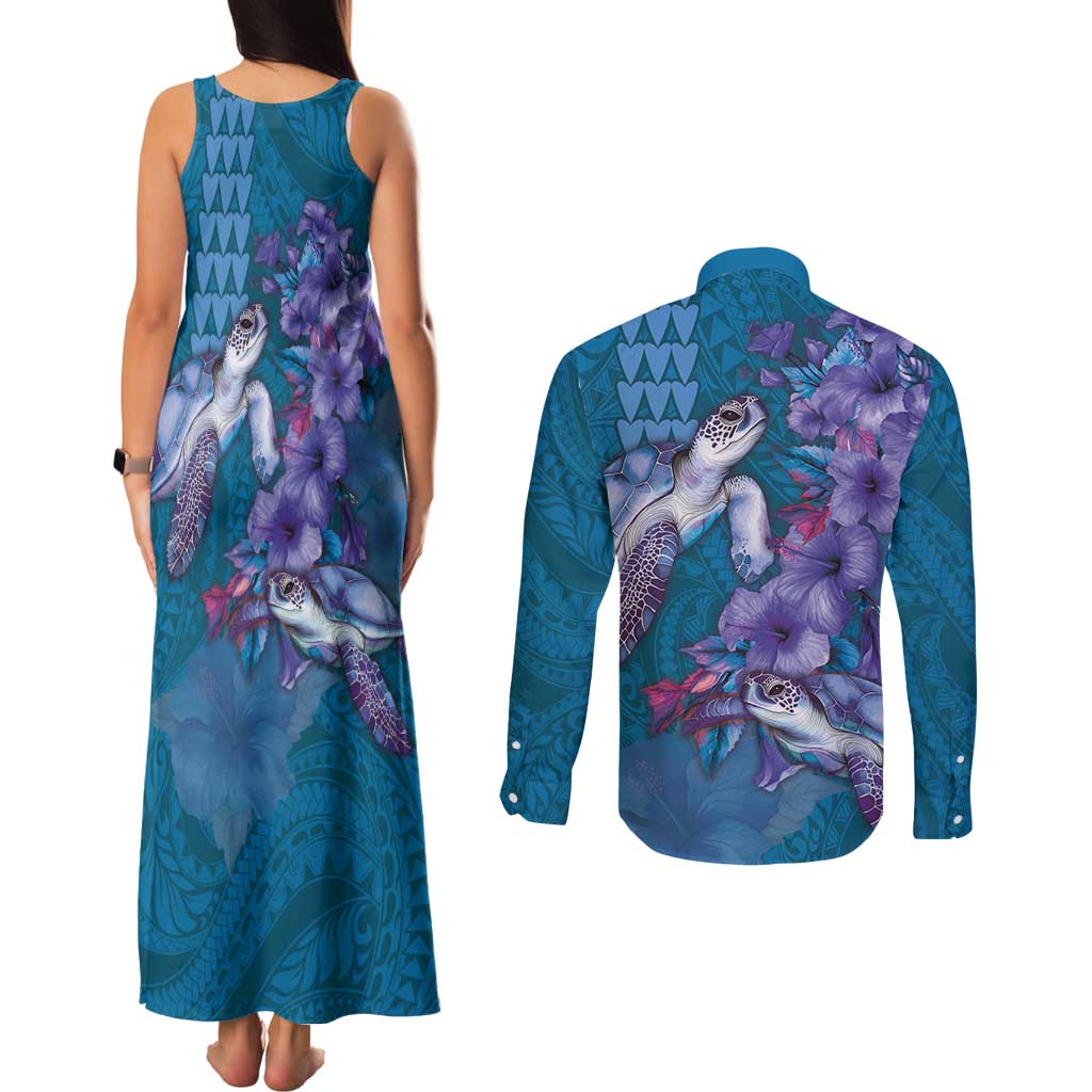 Hawaiian Turtle Love Couple Couples Matching Tank Maxi Dress and Long Sleeve Button Shirt - Sweet Hibiscus and Kakau Pattern Sapphire Color LT03 - Polynesian Pride