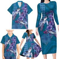 Hawaiian Turtle Love Couple Family Matching Long Sleeve Bodycon Dress and Hawaiian Shirt - Sweet Hibiscus and Kakau Pattern Sapphire Color LT03 - Polynesian Pride