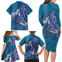 Hawaiian Turtle Love Couple Family Matching Long Sleeve Bodycon Dress and Hawaiian Shirt - Sweet Hibiscus and Kakau Pattern Sapphire Color LT03 - Polynesian Pride