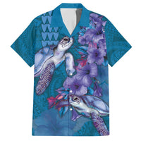 Hawaiian Turtle Love Couple Family Matching Long Sleeve Bodycon Dress and Hawaiian Shirt - Sweet Hibiscus and Kakau Pattern Sapphire Color LT03 Dad's Shirt - Short Sleeve Blue - Polynesian Pride