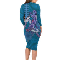 Hawaiian Turtle Love Couple Family Matching Long Sleeve Bodycon Dress and Hawaiian Shirt - Sweet Hibiscus and Kakau Pattern Sapphire Color LT03 - Polynesian Pride