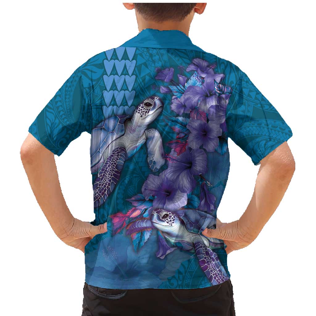 Hawaiian Turtle Love Couple Family Matching Mermaid Dress and Hawaiian Shirt - Sweet Hibiscus and Kakau Pattern Sapphire Color LT03 - Polynesian Pride
