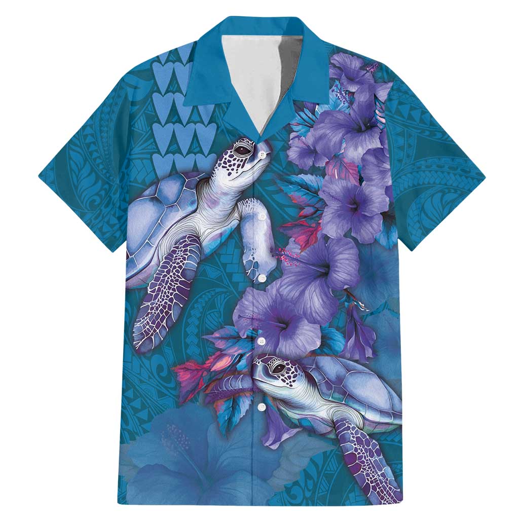 Hawaiian Turtle Love Couple Family Matching Mermaid Dress and Hawaiian Shirt - Sweet Hibiscus and Kakau Pattern Sapphire Color LT03 Dad's Shirt - Short Sleeve Blue - Polynesian Pride