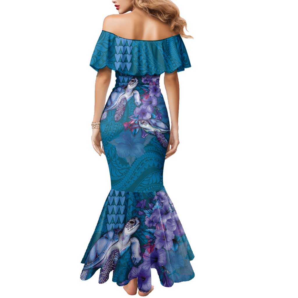 Hawaiian Turtle Love Couple Family Matching Mermaid Dress and Hawaiian Shirt - Sweet Hibiscus and Kakau Pattern Sapphire Color LT03 - Polynesian Pride