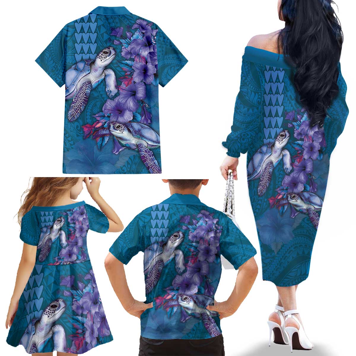 Hawaiian Turtle Love Couple Family Matching Off The Shoulder Long Sleeve Dress and Hawaiian Shirt - Sweet Hibiscus and Kakau Pattern Sapphire Color LT03 - Polynesian Pride